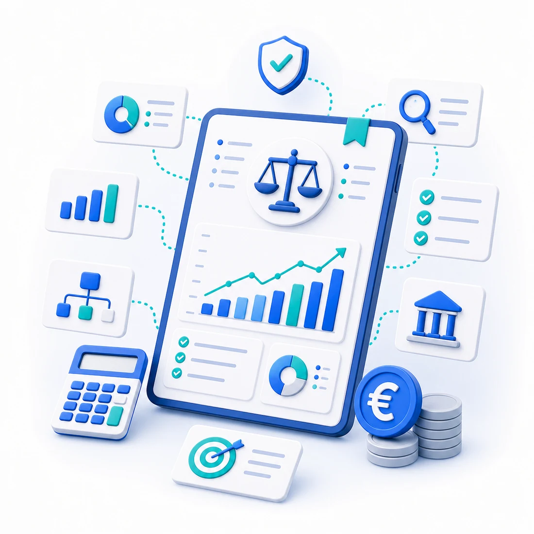 Panel de análisis estratégico y fiscal con balanza, gráficos de rentabilidad, calculadora e indicadores económicos